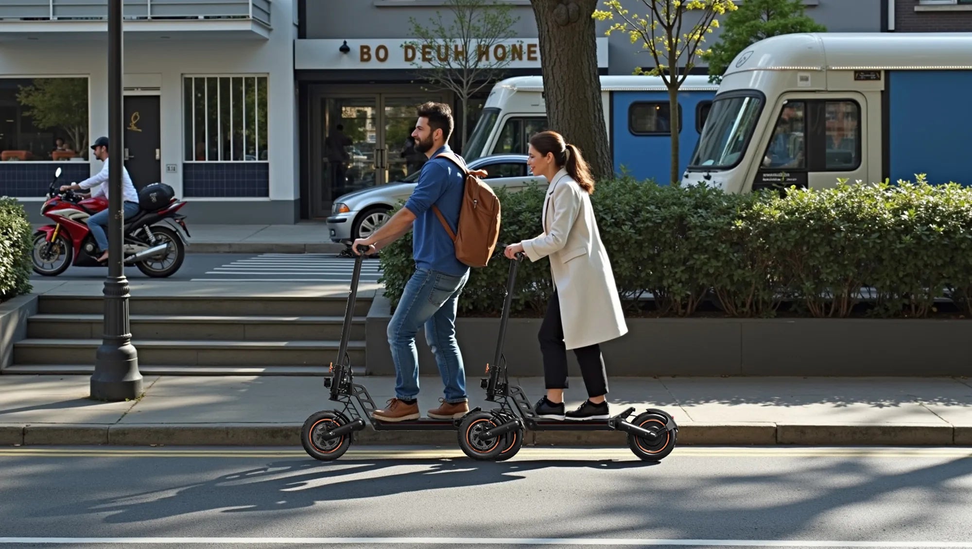 A_man_and_a_woman_ride_the_Electric-Scooter-IWAFO-IS1_to_work