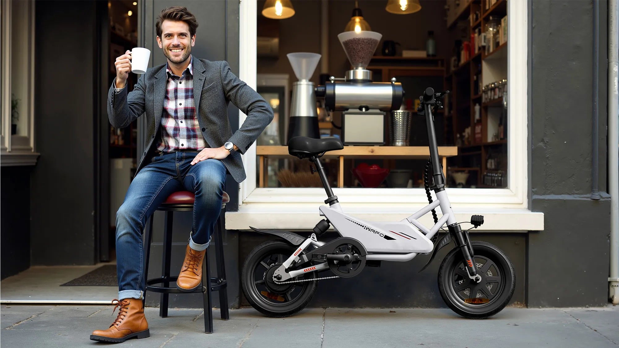 A_man_rode_the_Electric-Bike-IWAFO-IE2_to_have_coffee