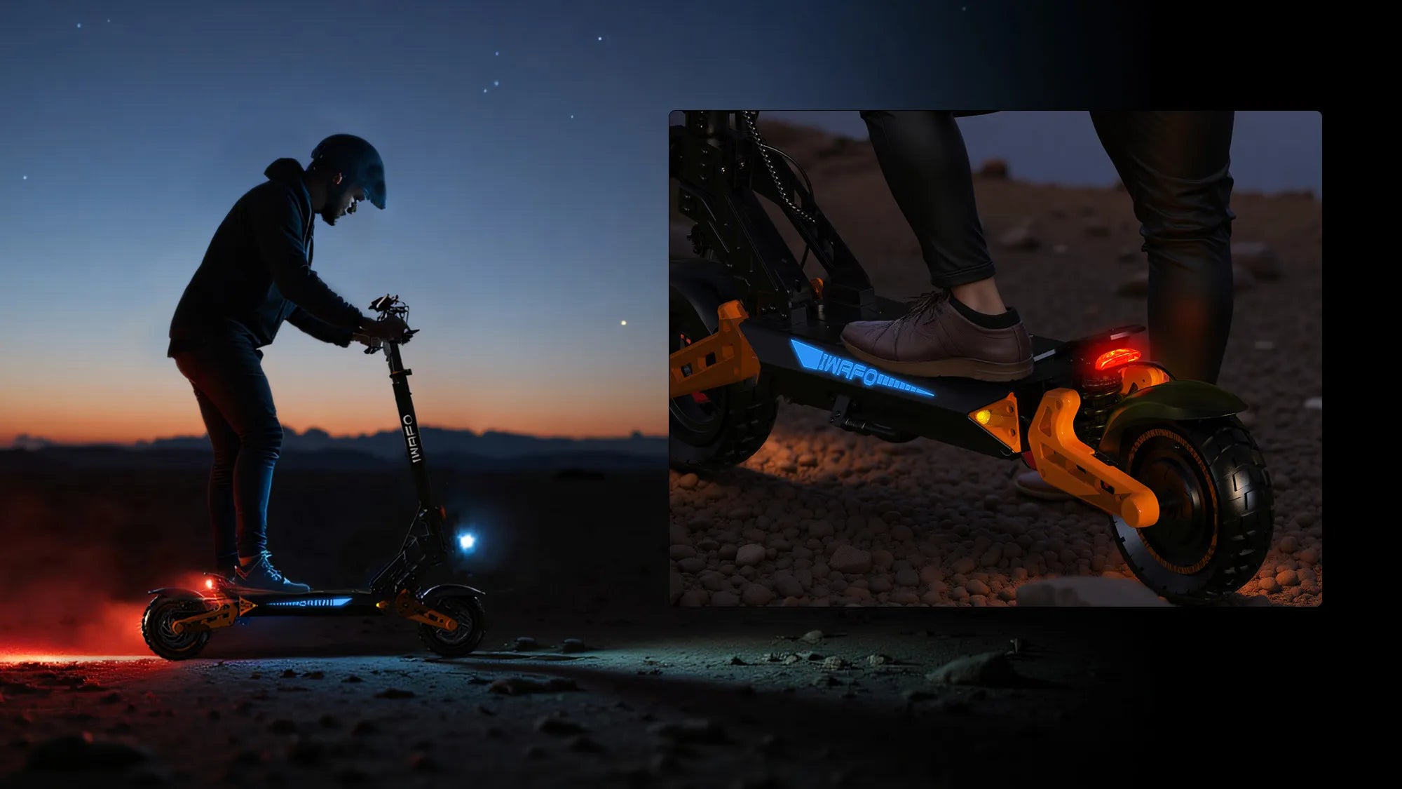 A_man_was_riding_the_Electric-Scooter-IWAFO-IS2_at_night_and_demonstrating_the_lighting_effects_of_the_IWAFO-IS