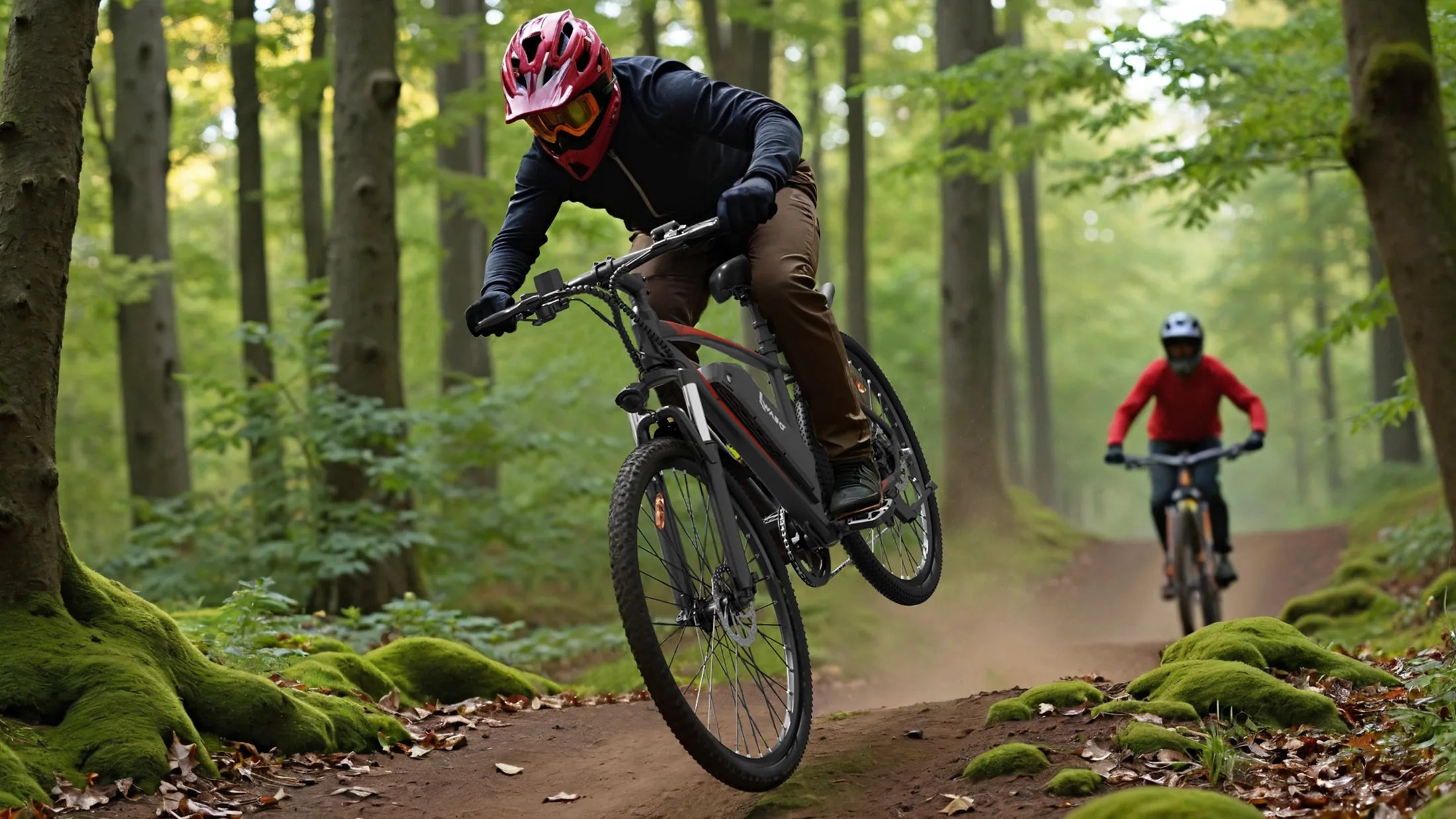 Two_men_were_competing_on_Electric-Bike-IWAFO-IE3_on_the_rough_road_in_the_forest